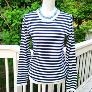 New! J Crew sz Small S Ruffle Trim Navy Blue Striped Pullover Sweater NWT